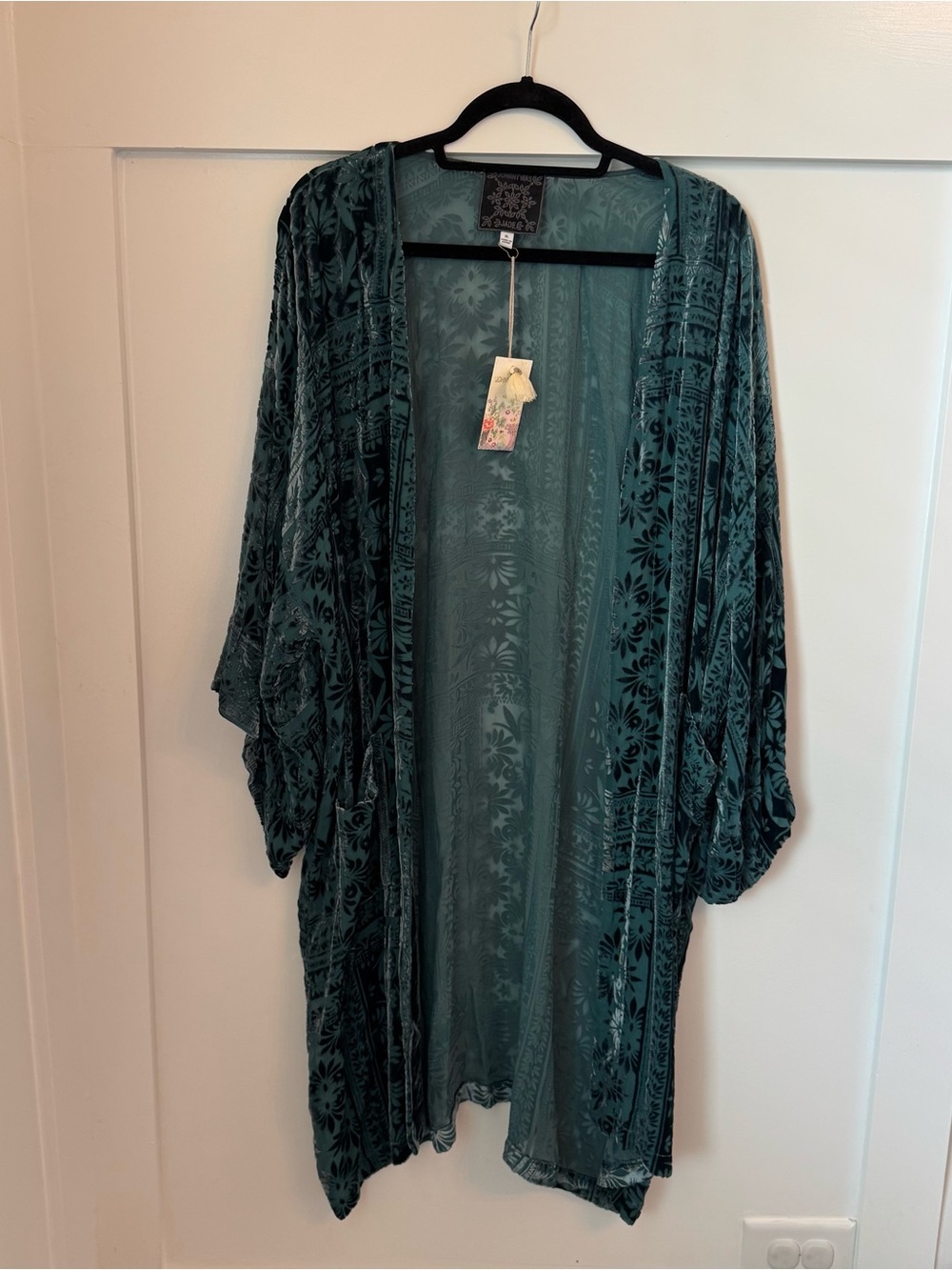Johnny Was New w Tag Teal Velvet Burnout Long Kimono Duster $335 Silk Blend XL